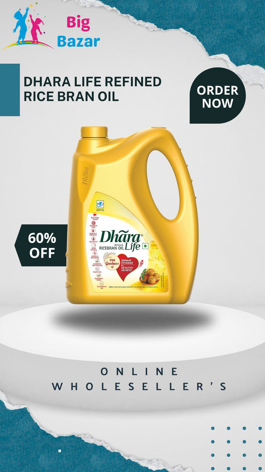 Dhara Life Refined Rice Bran Oil, 5 L Jar